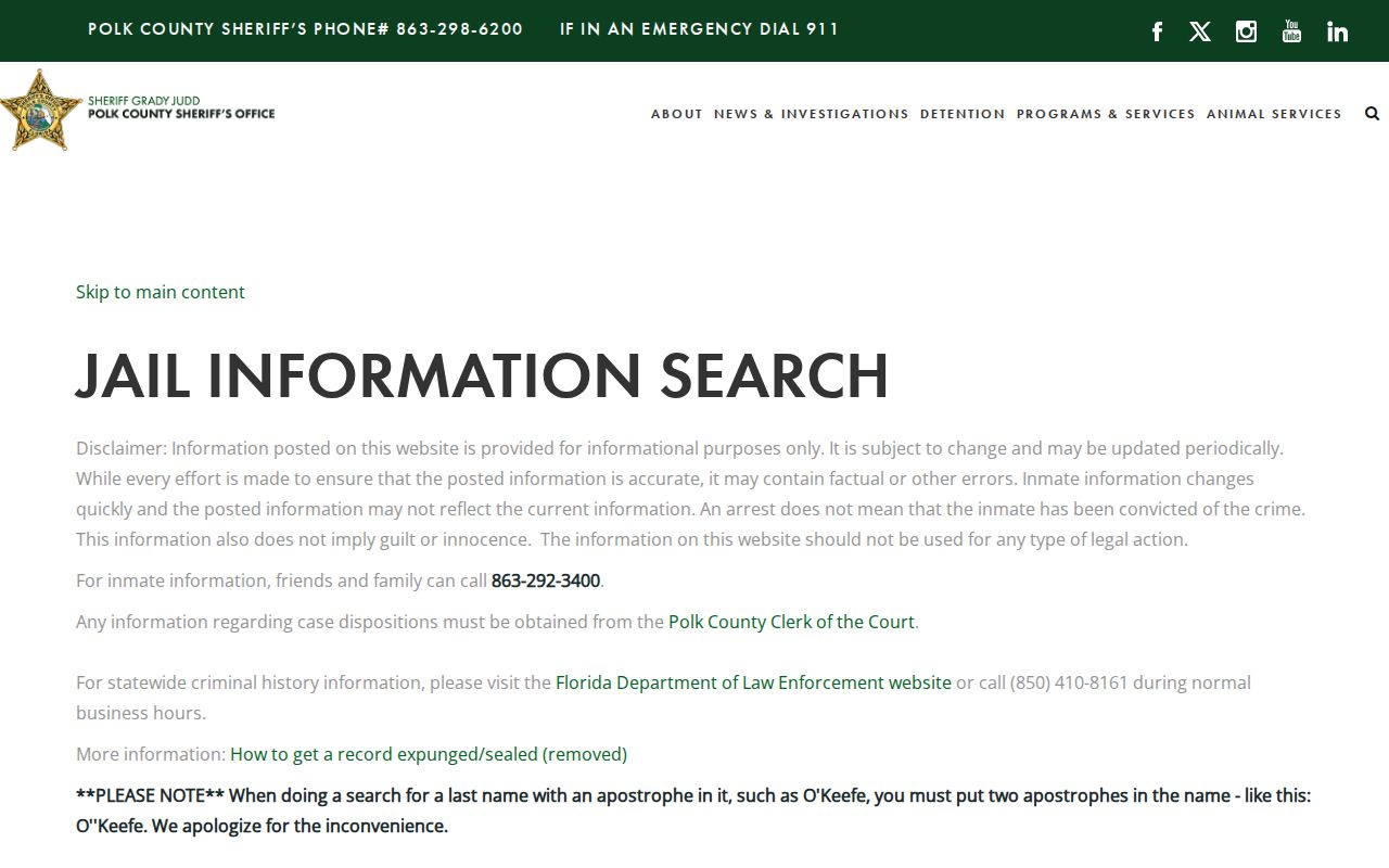 Polk County released inmate search controls and release columns