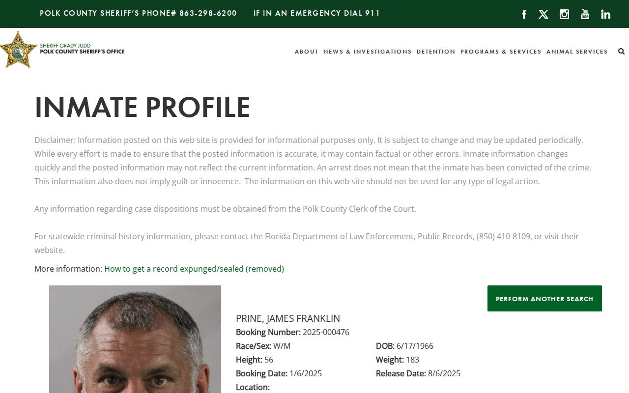 Polk County released inmate profile with release record status