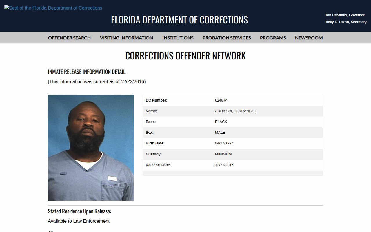 Florida corrections photograph and release date for a Polk County state release record